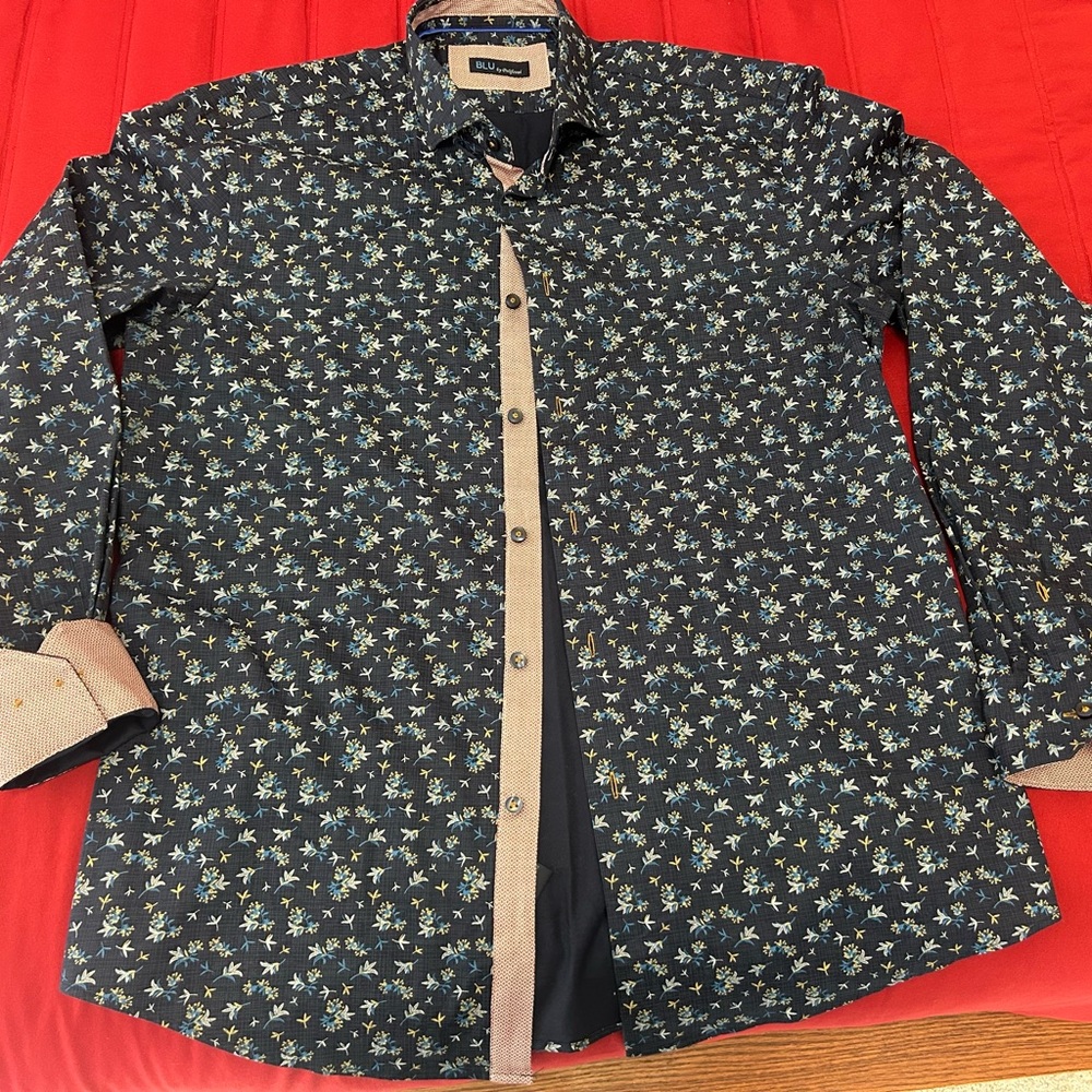 Polifroni Milano  Men's Floral Print Shirt - Navy EUC